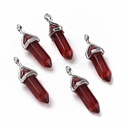 Bullet Glass Pointed Pendants, with Platinum Tone Brass Findings, Lead free and Cadmium Free, Dark Red, 28~29.5x9~9.5x8mm, Hole: 4.5x3mm(GLAA-K058-02P-03)