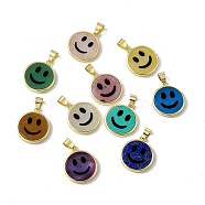 Natural & Synthetic Mixed Gemstone Pendants, Flat Round with Smiling Face Charms, with Rack Plating Golden Tone Brass Findings, Cadmium Free & Lead Free, Mixed Dyed and Undyed, 21x18.5x3mm, Hole: 4x6mm(G-G977-06G)