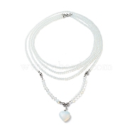 2Pcs 2 Style Opalite Heart Pendant Necklaces Set, Roudn Beaded Triple Layer Multi-strand Necklaces with Brass Magnetic Clasp for Women, 7.76~39.37 inch(19.7~100cm), 1Pc/style(NJEW-JN04068)