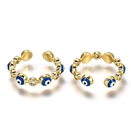 Brass Micro Pave Clear Cubic Zirconia Cuff Rings, Open Rings, with Enamel, Long-Lasting Plated, Evil Eye, Blue, Real 18K Gold Plated, US Size 6, Inner Diameter: 17mm(RJEW-C100-21G)