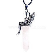 Natural Rose Quartz Pointed Faceted Bullet Big Pendants, Butterfly Angel Charms, with Platinum Tone Alloy Findings, 68x36x13mm(FIND-PW0010-03C)