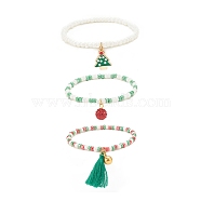 3Pcs 3 Style Glass Seed Stretch Bracelets Set, Christmas Tree & Bell & Tassel Charm Bracelets for Women, Mixed Color, Inner Diameter: 2-3/8 inch(5.9cm), 1Pc/style(BJEW-JB08203)