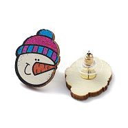 Christmas Printed Wooden Stud Earrings, with 316 Stainless Steel Pins for Women, Snowman, 18x23mm, Pin: 0.7mm(EJEW-D046-08)