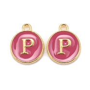 Golden Plated Alloy Enamel Charms, Cadmium Free & Lead Free, Enamelled Sequins, Flat Round with Letter, Camellia, Letter.P, 14x12x2mm, Hole: 1.5mm(ENAM-S118-08P)