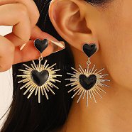 Iron Enamel Heart Pendant Stud Earrings, Valentine's Day Collection, Black, 56x40mm(PW-WG8016D-01)