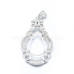 Anti-Tarnish Rhodium Plated 925 Sterling Silver Pendant Cabochon Open Back Settings, with Cubic Zirconia, Teardrop, with 925 Stamp, Platinum, 38.5x21x4mm, Hole: 5x3mm, Tray: 16.5x8mm, Pin: 0.8mm(STER-P044-02P)