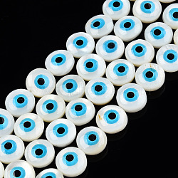 Natural Sea Shell Beads Strands, Flat Round with Evil Eye, Creamy White, 9x5mm, Hole: 0.8mm, about 40pcs/strand, 14.06 inch~14.17 inch(35.7~36cm)(SSHEL-Q296-36)