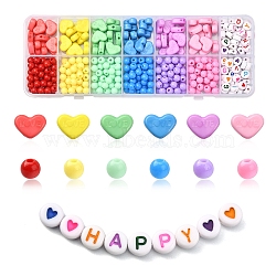 Opaque Acrylic Beads, Dyed, Heart with Word Love & Round & Flat Round with Heart, Mixed Color, 6~10x6~13.5x3.5~5mm, Hole: 1.2~1.8mm, 456pcs/box(SACR-YW0001-45)