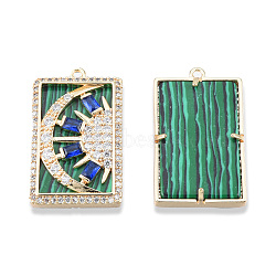 Brass Pave Clear Cubic Zirconia Pendants, with Natural Malachite, Cadmium Free & Nickel Free & Lead Free, Rectangle with Moon & Sun, Real 18K Gold Plated, 25x15x3.5mm, Hole: 1.2mm(KK-N232-465)