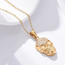 304 Stainless Steel Crystal Rhinestone Skull Pendant Necklaces, Golden, 17.72 inch(45cm), Pendant: 23x14mm(NJEW-Z057-03A-G)