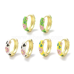 Real 18K Gold Plated Brass Enamel Flower Print Hoop Earrings for Women, Mixed Color, 20.5x5.5mm(EJEW-L269-117G)