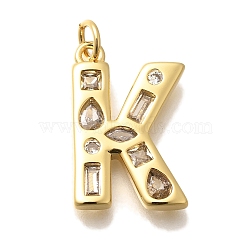 Brass Micro Pave Clear Cubic Zirconia Pendants, with Jump Ring, Lead Free and Cadmium Free, Long-Lasting Plated, Rack Plating, Letter Charms, Real 18K Gold Plated, Letter K, 20.5x13.5x2.7mm, jump ring: 5x1mm, 3mm inner diameter.(KK-G521-01G-K)