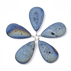 Electroplate Natural Druzy Geode Agate Pendants, with Brass Findings, teardrop, Platinum, Steel Blue, 52x28x9.5~10mm, Hole: 4.5x4mm(G-S344-61A-04)