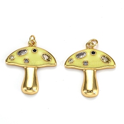 Autumn Theme Real 18K Gold Plated Brass Micro Pave Cubic Zirconia Pendants, with Enamel and Jump Rings, Long-Lasting Plated, Mushroom, Yellow, 28x25x3.5mm, Jump Ring: 5x1mm, 3mm Inner Diameter(ZIRC-L100-019D-G)