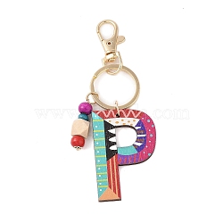 Wood Keychain, with Dye & Iron Key Ring, Letter P, 11.6~12.1cm(KEYC-S256-01P)