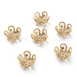 Brass Fancy Bead Caps, 5-Petal Flower, Real 24K Gold Plated, 10x4mm, Hole: 1mm(KK-O131-25G)