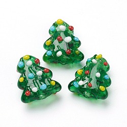 Handmade Lampwork Beads, Christmas Tree, Bumpy, Green, 17~18x14.5~15x7.5~8mm, Hole: 2mm, about 20pcs/strand, 13.78''(35cm)(LAMP-J092-06)