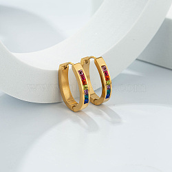 Elegant Stainless Steel Circle Hoop Earrings, with Cubic Zirconia Decoration, Real 18K Gold Plated, 16x14mm(DH3673)