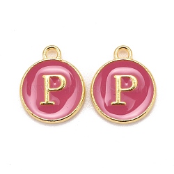 Golden Plated Alloy Enamel Charms, Cadmium Free & Lead Free, Enamelled Sequins, Flat Round with Letter, Camellia, Letter.P, 14x12x2mm, Hole: 1.5mm(ENAM-S118-08P)