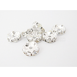 Brass Rhinestone Spacer Beads, Grade A, Waves Edge, Rondelle, Silver Color Plated, Clear, Size: about 7mm in diameter, 3.5mm thick, hole: 1.5mm(X-RB-A006-7MM-S)