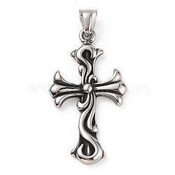 304 Stainless Steel Big Pendants, with 201 Stainless Steel Snap on Bails, Cross Charms, Antique Silver, 50x27.5x4mm, Hole: 8x5mm(STAS-A083-28AS)