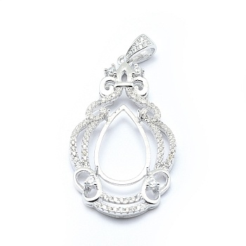 Anti-Tarnish Rhodium Plated 925 Sterling Silver Pendant Cabochon Open Back Settings, with Cubic Zirconia, Teardrop, with 925 Stamp, Platinum, 38.5x21x4mm, Hole: 5x3mm, Tray: 16.5x8mm, Pin: 0.8mm