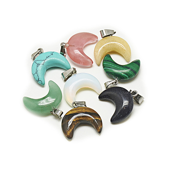 Natural & Synthetic Mixed Stone Pendants, with Stainless Steel Snap On Bails, Moon, Stainless Steel Color, 18~19x20x6mm, Hole: 6x2.5mm