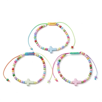 Cross & Round Acrylic Braided Bead Bracelets, Adjustable Nylon Cord Bracelets for Women, Colorful, Inner Diameter: 2~3-1/2 inch(5~9cm)