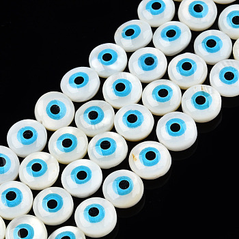 Natural Sea Shell Beads Strands, Flat Round with Evil Eye, Creamy White, 9x5mm, Hole: 0.8mm, about 40pcs/strand, 14.06 inch~14.17 inch(35.7~36cm)