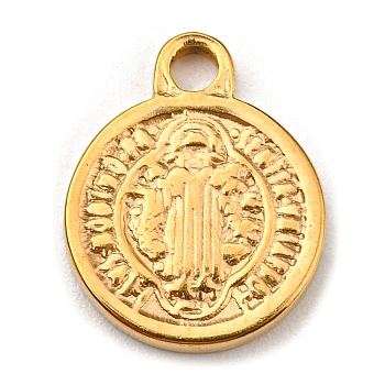 304 Stainless Steel Charms, Flat Round with God & Holy Writ Charms, Golden, 13x10x1.5mm, Hole: 1.6mm