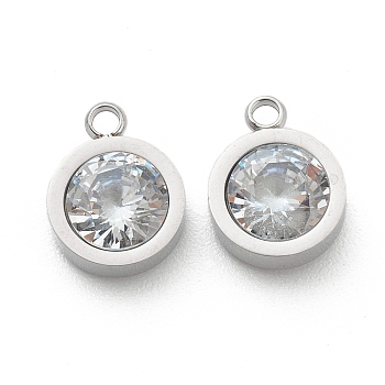 304 Stainless Steel Rhinestone Charms, Flat Round, Crystal, Stainless Steel Color, 12x9x4mm, Hole: 1.8mm