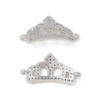 Brass Micro Pave Clear Cubic Zirconia Connetor Charms, Crown Links, Platinum, 12x21x3mm, Hole: 0.8mm