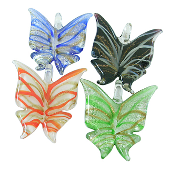 Handmade Gold Sand Lampwork Pendants, Butterfly, Mixed Color, 49x45mm, hole: 8mm