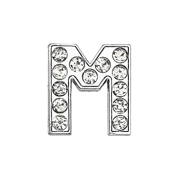 Eco-Friendly Zinc Alloy Slide Charms, with Rhinestone, Platinum Plated, Letter, Crystal, Letter.M, 12mm, Hole: 1.5x7.9mm