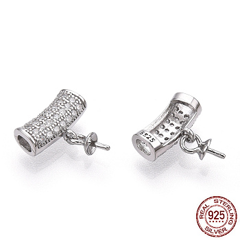 Rhodium Plated 925 Sterling Silver Micro Pave Cubic Zirconia Cup Peg Bails Pendants, Curved Tube Bails For Half Drilled Beads, Nickel Free, Real Platinum Plated, 10.5x7x3.5mm, Hole: 1.8mm, Pin: 0.7mm