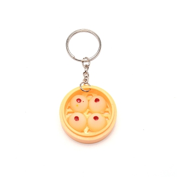 Plastic Keychain, with Platinum Iron Split Key Rings, Imitation Food, Bamboo Steamer with Steamed Bun, Gold, 9.7~9.9cm