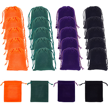 24Pcs 4 Colors Velvet Cloth Drawstring Pouches, Jewelry Bags for Halloween Candy Storage, Rectangle, Mixed Color, 12x10cm, 6pcs/color