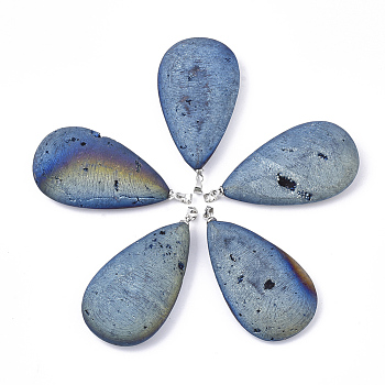 Electroplate Natural Druzy Geode Agate Pendants, with Brass Findings, teardrop, Platinum, Steel Blue, 52x28x9.5~10mm, Hole: 4.5x4mm