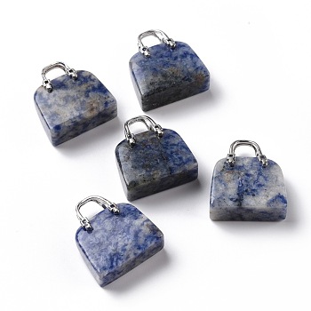 Natural Blue Spot Jasper Brass Pendants, Platinum, Bag, 27.5x25x10mm, Hole: 6mm