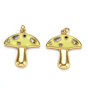 Autumn Theme Real 18K Gold Plated Brass Micro Pave Cubic Zirconia Pendants, with Enamel and Jump Rings, Long-Lasting Plated, Mushroom, Yellow, 28x25x3.5mm, Jump Ring: 5x1mm, 3mm Inner Diameter