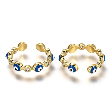 Brass Micro Pave Clear Cubic Zirconia Cuff Rings, Open Rings, with Enamel, Long-Lasting Plated, Evil Eye, Blue, Real 18K Gold Plated, US Size 6, Inner Diameter: 17mm