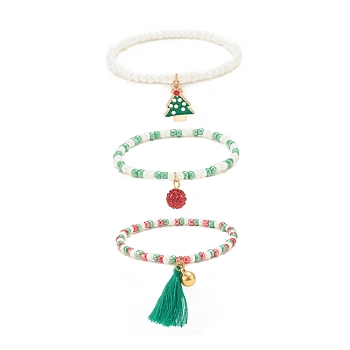 3Pcs 3 Style Glass Seed Stretch Bracelets Set, Christmas Tree & Bell & Tassel Charm Bracelets for Women, Mixed Color, Inner Diameter: 2-3/8 inch(5.9cm), 1Pc/style
