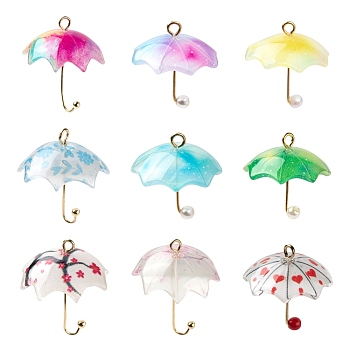 18Pcs 9 Style Printed Acrylic Pendants, Umbrella, Mixed Color, 20~24x18~20x18~20mm, Hole: 1.2~1.8mm, 2pcs/style