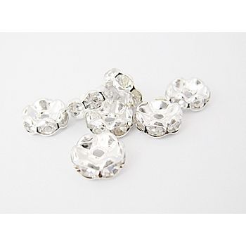 Brass Rhinestone Spacer Beads, Grade A, Waves Edge, Rondelle, Silver Color Plated, Clear, Size: about 7mm in diameter, 3.5mm thick, hole: 1.5mm