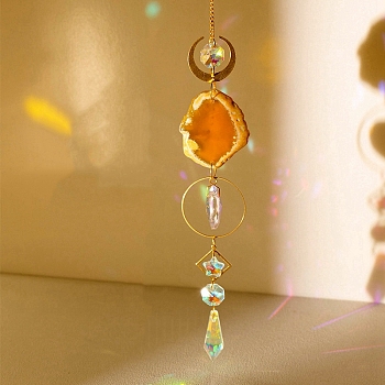 Natural Agate & Crystal Pendant Decorations, with Metal Findings, for Home, Garden Decoration, Orange, 420mm