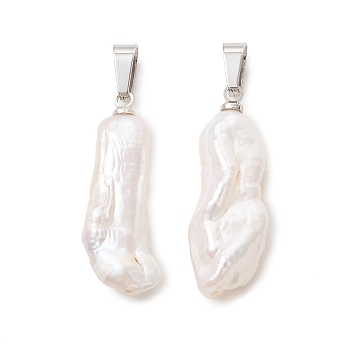 Natural Baroque Keshi Pearl Pendants, Stick Charms with 201 Stainless Steel Snap on Bails, White, Stainless Steel Color, 26~27x10x5~6.5mm, Hole: 5x3.5mm