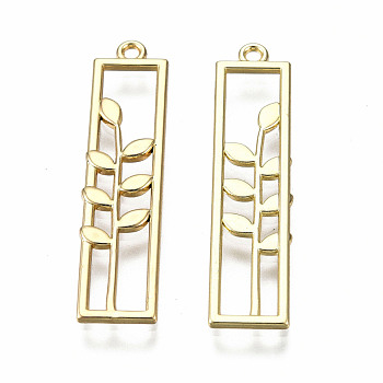 Rack Plating Alloy Pendants, Cadmium Free & Lead Free, Hollow, Rectangle with Flower, Light Gold, 34x8x1mm, Hole: 1.5mm