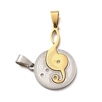 304 Stainless Steel Rhinestone Split Pendants, Couples Pendants, Flat Round & Musical Note Charms, Golden & Stainless Steel Color, 36.5x25.5x2mm, Hole: 9x4.5mm
