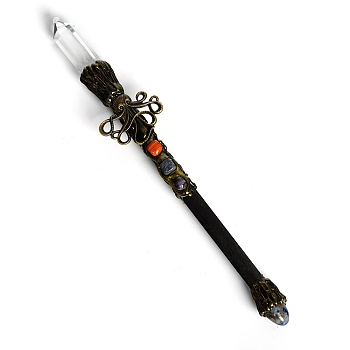 Natural Quartz Crystal & Blue Spot Jasper Magic Wand, Cosplay Magic Wand, with Wood Wand, for Witches and Wizards, Octopus, 290mm
