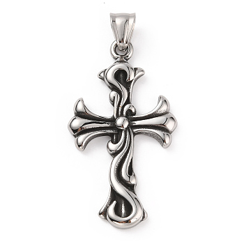 304 Stainless Steel Big Pendants, with 201 Stainless Steel Snap on Bails, Cross Charms, Antique Silver, 50x27.5x4mm, Hole: 8x5mm